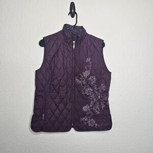 Eddie Bauer purple floral embroidered goose down puffer vest full zip size M